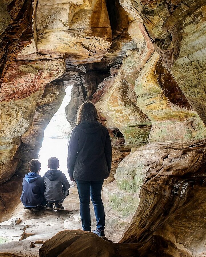 Two children and their mother at the Rock House window