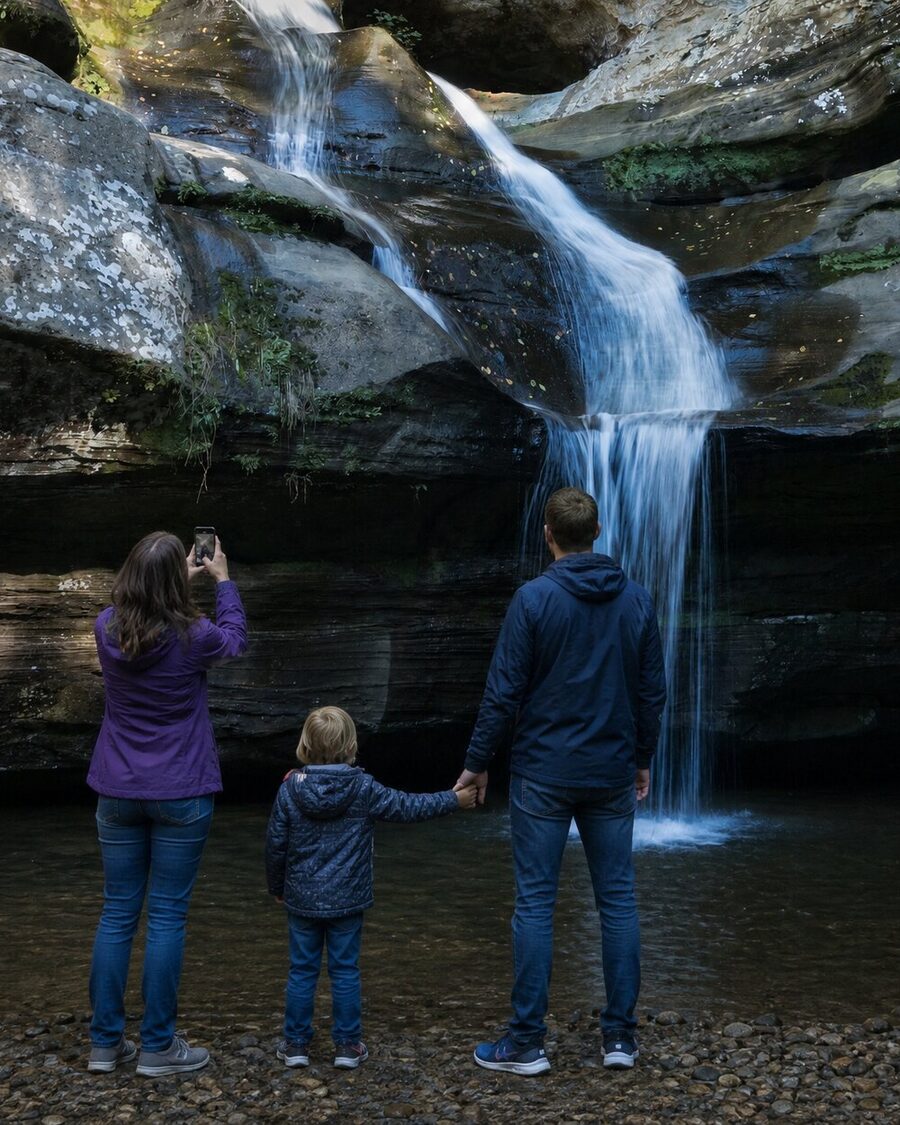 A family of three at the foot of Cedar Falls